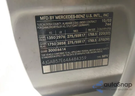 2004 Mercedes-Benz Ml 350 4Matic из США, поврежденный, VIN 4JGAB57E64A484359